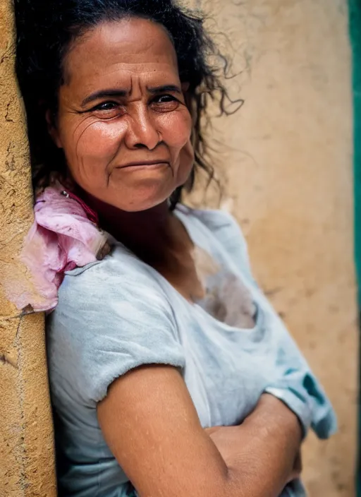 Image similar to close up portrait of a beautiful, real 30-year-old Cuban woman, happy, candid street portrait in the style of Martin Schoeller, award winning, Sony a7R