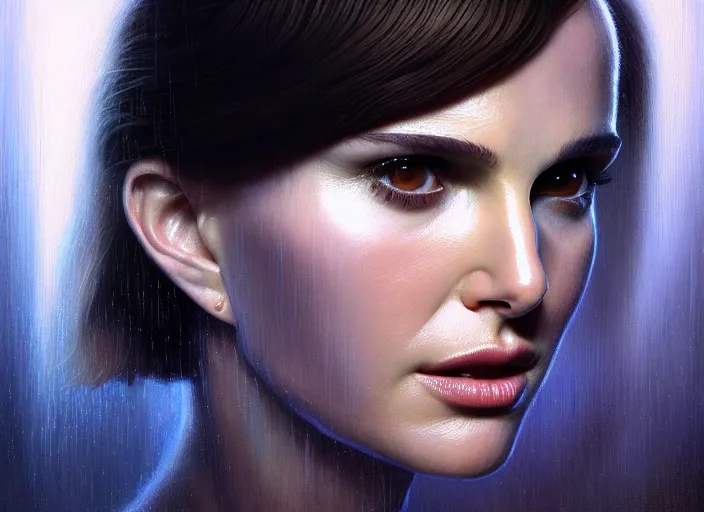 Prompt: portrait shot of natalie portman in bladerunner, intricate, elegant, highly detailed, centered, digital painting, artstation, concept art, smooth, sharp focus, illustration, artgerm, tomasz alen kopera, peter mohrbacher, donato giancola, joseph christian leyendecker, wlop, boris vallejo