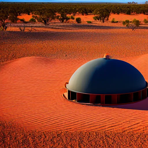 Image similar to robot with giant extrusion nozzle printing a domed house in the australian desert, XF IQ4, 150MP, 50mm, F1.4, ISO 200, 1/160s, dawn