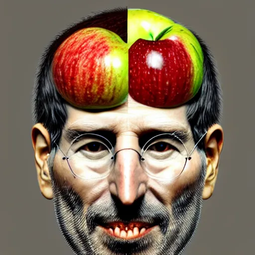 Image similar to giuseppe arcimboldo, steve jobs, face made of many small apples and fruit, highly detailed, illustration, intricate portrait design, diffuse lighting, aesthetic, trending on artstation