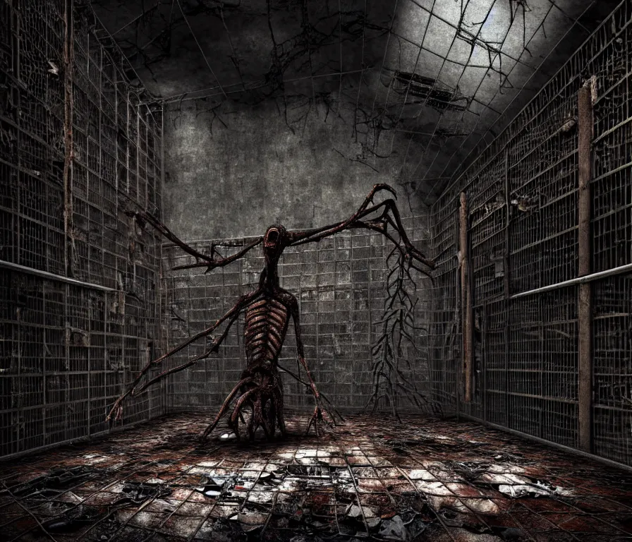 Image similar to creepy huge humanoid with long limbs sits on the floor. An underground very dark gloomy multi-layered structure of rusty thick iron grates, dense chain-link fencing and peeling walls. Inside view, collapsed floors, bent rusted iron, masterpiece, black background, corners, cinematic, hyperdetailed, photorealistic, hyperrealism, octane render, 8k, depth of field, bokeh, architecture, shadows, art by Zdzisław Beksiński, Arthur Rackham, Dariusz Zawadzki