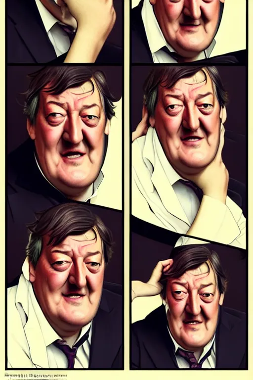 Image similar to stephen fry winking his left eye at the camera, in the style of art by artgerm and greg rutkowski and alphonse mucha