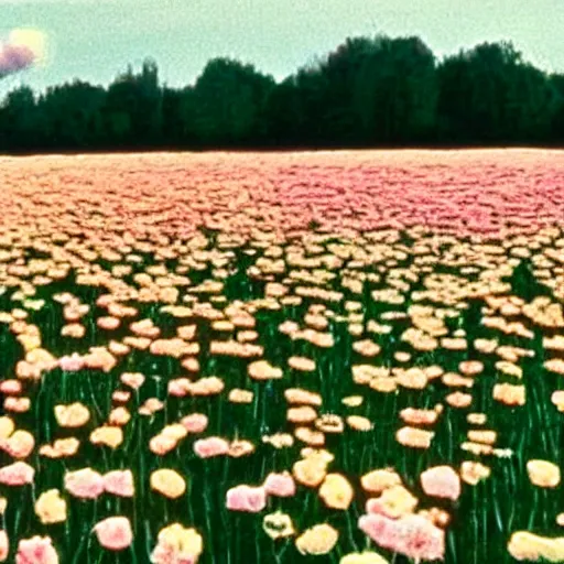 Image similar to 1 9 8 0 s movie ultra wide scene of a cult in a field of flowers, a scene from midsommar, old damage vhs, crt, bright lighting, 1 0 mm film, hyperrealistic, beautiful lighting