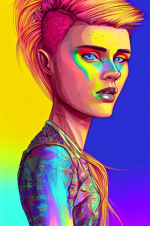 Image similar to a award winning half body portrait of a beautiful woman with stunning eyes in a printed croptop and cargo pants with rainbow colored ombre hairstyle head in motion and hair flying by josan gonzales, outrun, vaporware, shaded flat illustration, digital art, trending on artstation, highly detailed, fine detail, intricate