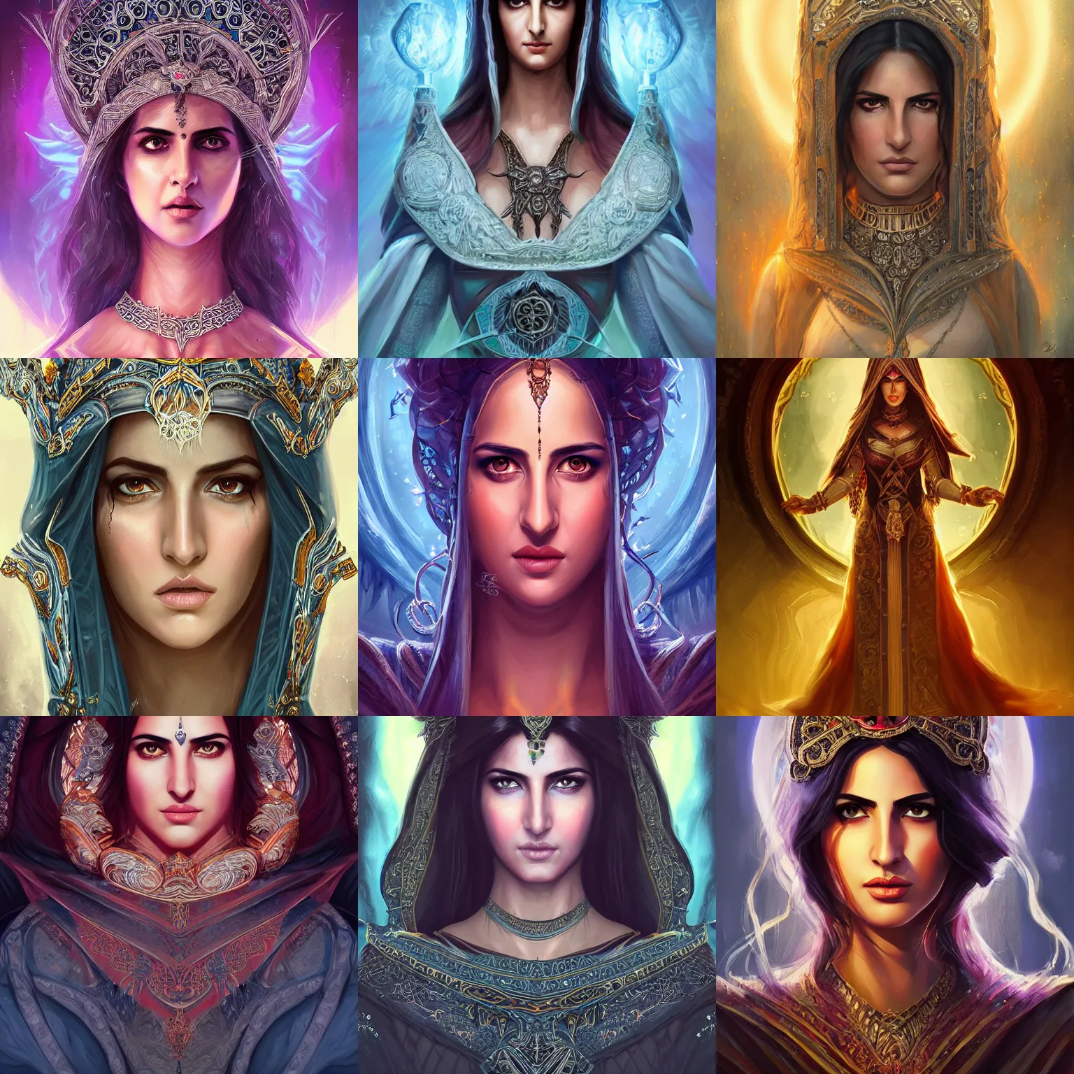 Prompt: head-on centered symmetrical painted portrait, Katrina Kaif as a D&D Mage, intricate fantasy robes, dramatic lighting, intricate, fantasy, intricate, elegant, highly detailed, digital painting, smooth, sharp focus, illustration, dramatic lighting, artstation, in the style of Artgerm and Anna Podedworna