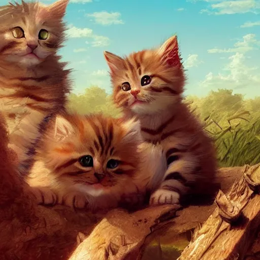 Prompt: A bunch of cute kittens,clear skies,Marc Simonetti and Caspar David Friedrich, Trending on artstation