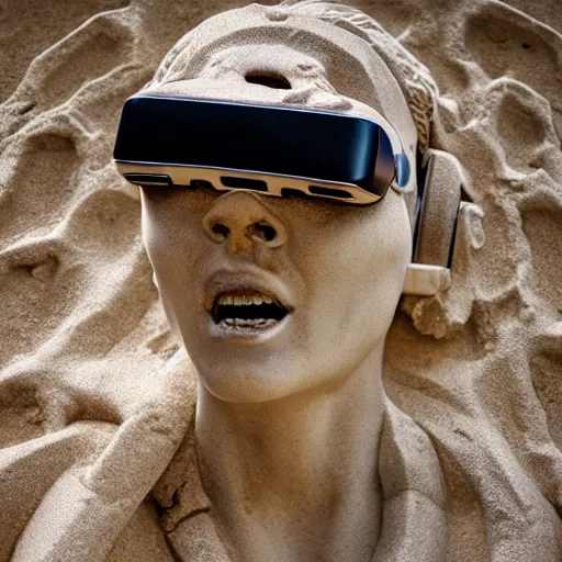 Prompt: the distressed and damaged head of a marble cybernetic lady justice statue wearing a virtual reality headset on ground covered in sand, cyberpunk background, highly detailed, epic lighting, hyper photorealism, 8 k