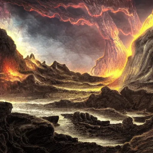 Image similar to wide landscape in hell, river styx, lava, ruins, fortresses, dark, hellscape, digital art