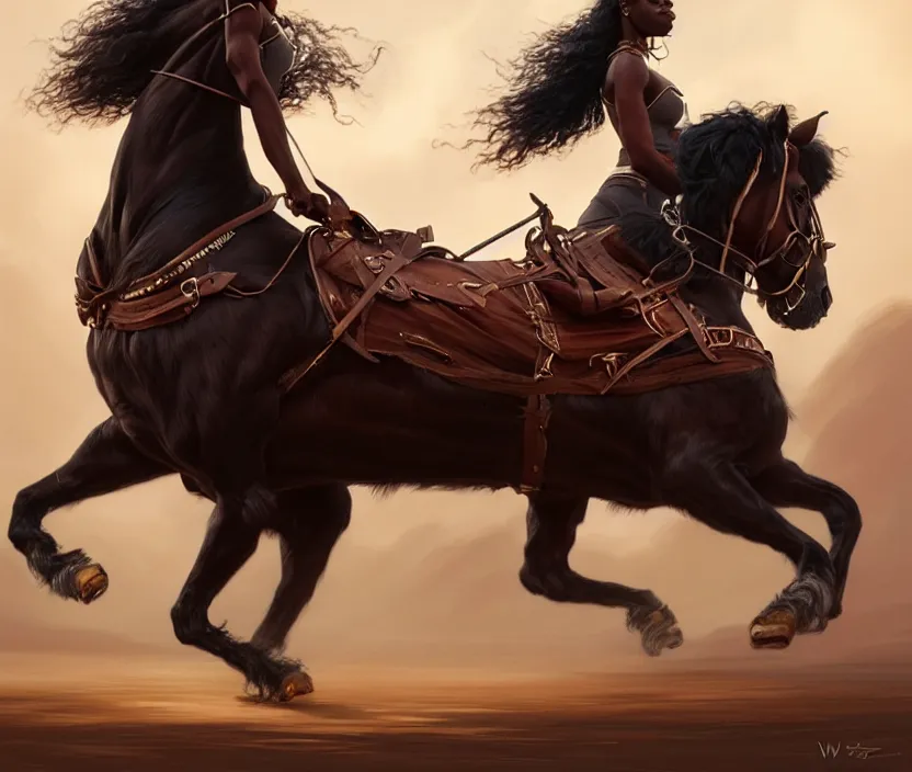 Image similar to full body portrait of beautiful black woman riding a clydesdale, cinematic, highly detailed, digital painting, artstation, concept art, smooth, sharp focus, illustration, face by wlop, illustrated by mars ravelo and greg rutkowski