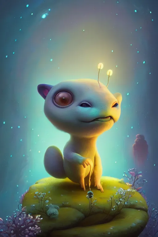 Image similar to a surreal Bioluminescent, cute, creature in a happy world by Daniel Merriam, Trending on Artstation, oil on Canvas by Elena Zhurikhina and Goro Fujita and Charlie Bowater, octane render trending on artstation, 4k, 8k, HD