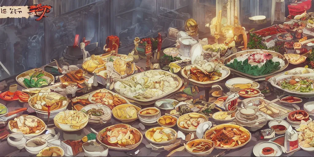 Prompt: A feast for the Yakuza, very detailed, anime, Delicious, Plump, Juicy, Hot Food, large white border, hd, 8k, Unreal Engine 5, high resolution print :1 by Hayao Miyazaki, Nausicaa, studio Ghibli style, Anime wallpaper, cell shading, trending on deviant art :1
