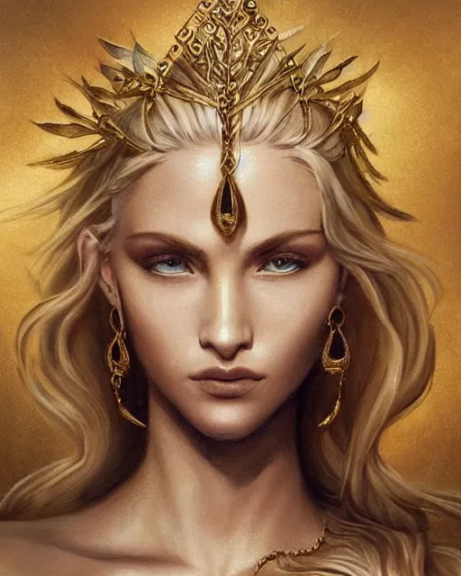 Image similar to tattoo sketch of blonde super model aphrodite greek goddess wearing a gold laurel wreath and triangle earrings, beautiful piercing gaze with sharp pupils, in the style of greg rutkowski, fantasy, amazing detail, epic, elegant, smooth, sharp focus, front view