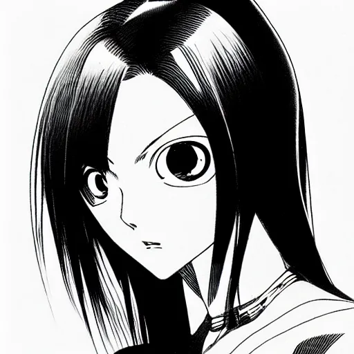 Image similar to alita by yukito kishiro. medium shot. black and white manga. pencil drawing. high detailed face