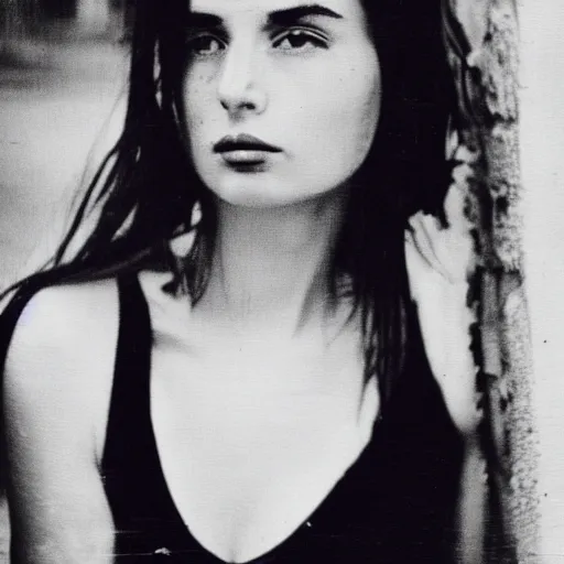 Image similar to old film photo of an atractive cool alternative bosnian woman in her early 20s. beautiful face. She has dark brown hair, dark thick eyebrows, brown eyes and shoulder long hair.