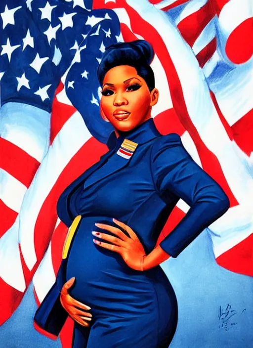 Prompt: portrait of pregnant nicki minaj in navy uniform, usa president election, soviet propaganda poster, colored, artgerm, highly detailed