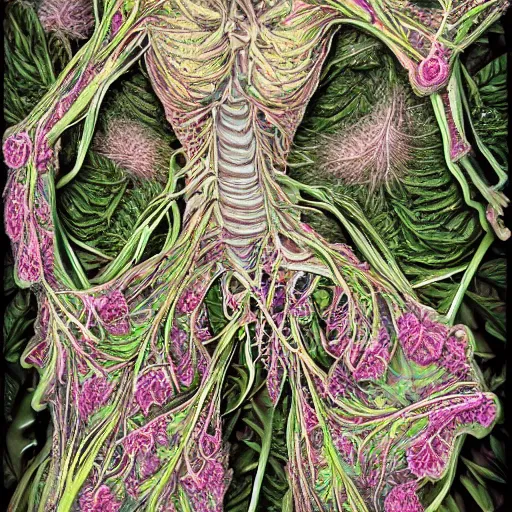 Image similar to a beautiful detailed photo of a full body rotten woman corpse morphing into fractal plants and fractal flowers and mushrooms, muscles, veins, anatomical, intricate, ornate, volumetric light, beautiful lit, midsommar