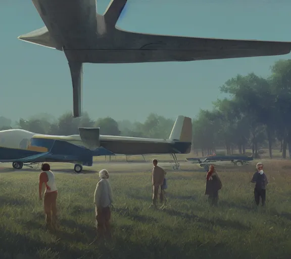 Image similar to photo from a drone, people near the plane at the airfield, painting by craig mullins, octane rendering, soft morning lighting, wide angle lens, in the style of hayao miyazaki, trending on artstation,