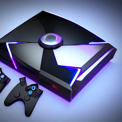 Image similar to futuristic game console, fan concept, 3 d render, blender, unreal engine, shiny, reflective