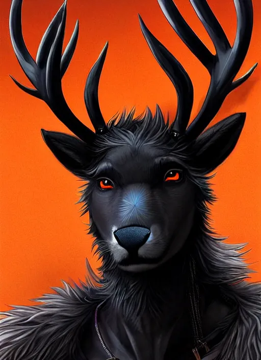 Image similar to award winning beautiful portrait commission of a male furry anthro Black Reindeer fursona with a tail, wings and a cute beautiful attractive detailed furry face wearing stylish black and orange cyberpunk clothes in a cyberpunk city at night while it rains. Character design by charlie bowater, ross tran, artgerm, and makoto shinkai, detailed, inked, western comic book art