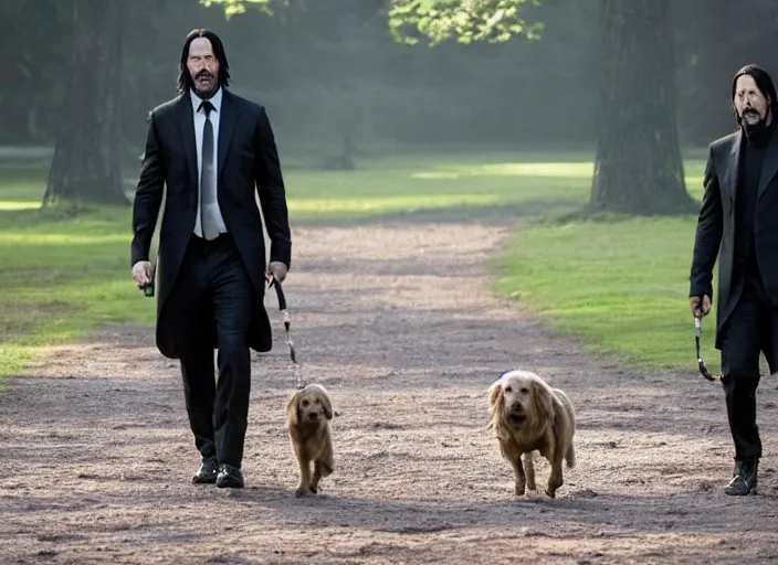 Image similar to film still of john wick played by keanu reeves walking his dog in the park in the new john wick movie, 4 k