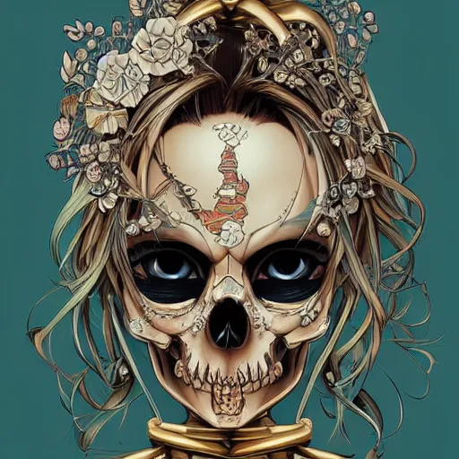 Image similar to anime manga skull portrait young woman skeleton, Simpsons , Disney , intricate, elegant, highly detailed, digital art, art by JC Leyendecker and sachin teng