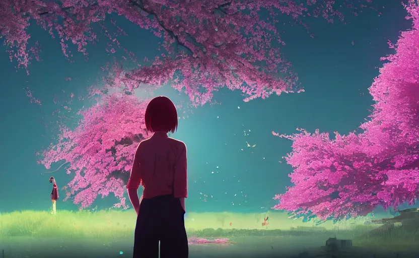 Image similar to woman looking at the cherry blossoms, Low level, rendered by Beeple, Makoto Shinkai, syd meade, simon stålenhag,, synthwave style, digital art, unreal engine, WLOP, trending on artstation, 4K UHD image, octane render,
