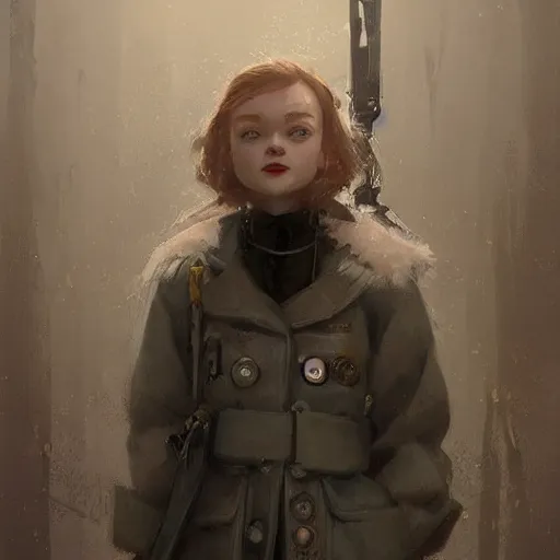 Prompt: a highly detailed epic cinematic concept art CG render digital painting artwork costume design: Sadie Sink, pixie cut, in a used 1950s man's coat and hoodie. muted grey colors with tiny yellow accents. By Greg Rutkowski, Ilya Kuvshinov, WLOP, Stanley Artgerm Lau, Ruan Jia and Fenghua Zhong, trending on ArtStation, made in Maya, Blender and Photoshop, octane render, excellent composition, cinematic atmosphere, dynamic dramatic cinematic lighting, aesthetic, very inspirational, arthouse