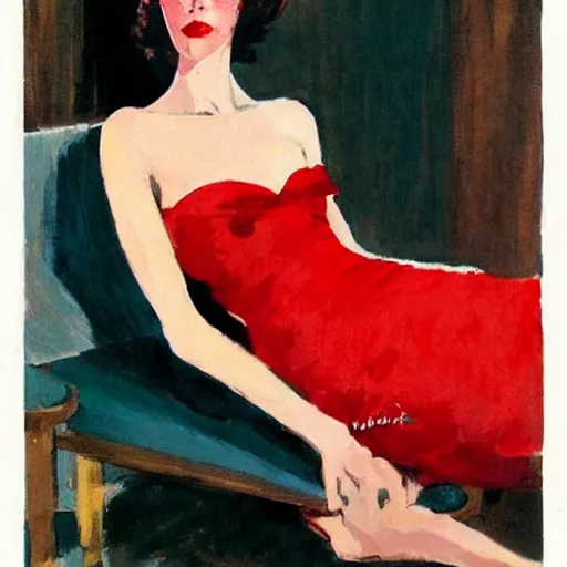 Prompt: a saturday evening post illustration of a french fashion model posing in a red dress by coby whitmore