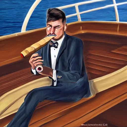 Prompt: a groom smoking a cigar on a large boat. wedding. digital art. highly detailed.