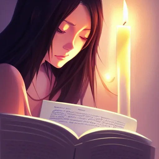 Prompt: a beautiful girl with long dark hair, lying in bed while reading a book, night time, dark, illuminated by candle light, sharp focus, intricate, digital painting, artstation, official media, anime key visual, highly detailed, rich vivid colors, ambient lighting, dynamic lighting, illustration, art by Artgerm, Makoto Shinkai, Ilya Kuvshinov, Lois Van Baarle, and Rossdraws