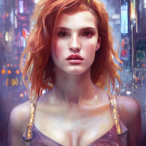 Image similar to full figure bella thorne, hyperrealistic portrait, bladerunner street, art of elysium and jeremy mann and alphonse mucha, fantasy art, photo realistic, dynamic lighting, artstation, poster, volumetric lighting, very detailed face, 4 k, award winning