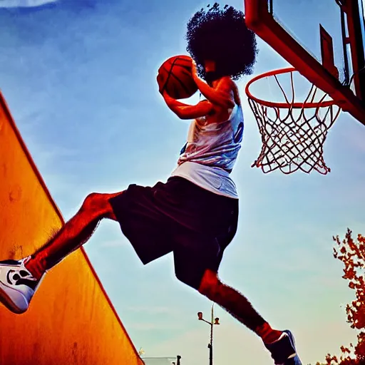 Prompt: caparezza dunking a basketball, phone photo, outside, small basketball field, daylight, artistic composition, realistic