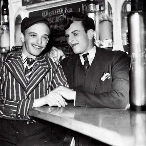 Image similar to gay couple on a bar in paris, 4 0 s, photograph