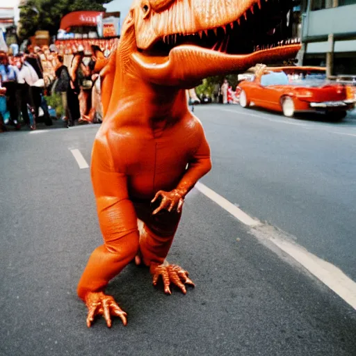 Prompt: a dancing groovy T-rex with sunglasses and a golden tooth, 35mm photography