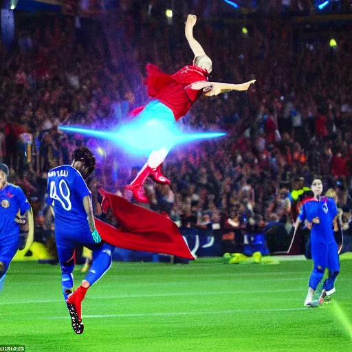 Image similar to jose mourinho flying in the sky as superman shooting lasers, award winning photograph