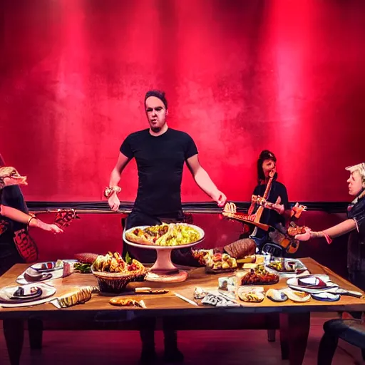 Prompt: Long table with a feast and a rockstar playing a guitar standing on the table,low angle shot 35mm photograph, dramatic studio lighting, concert lights, red color scheme.