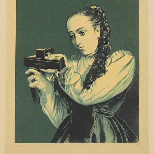 Image similar to cmyk risograph print instructive portrait of a lady 2 8 years old, with binoculars