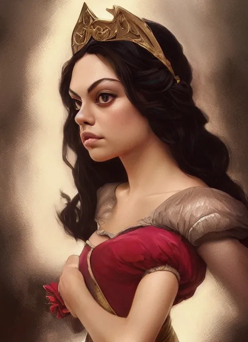 Image similar to beautiful young mila kunis as snow white princess disney, closeup, d & d, fantasy, intricate, elegant, highly detailed, digital painting, artstation, concept art, matte, sharp focus, illustration, art by artgerm and greg rutkowski and alphonse mucha