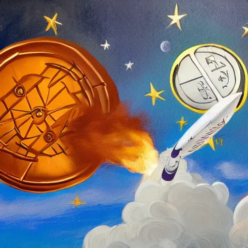 Image similar to a painting of a giant coin connected to a rocket shooting towards the moon