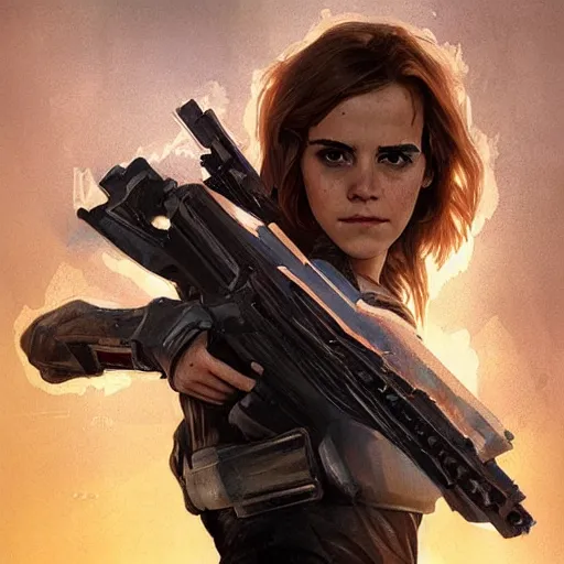 Image similar to Emma Watson as the Terminator, digital painting, artstation, concept art, sharp focus, illustration, art by greg rutkowski and alphonse mucha, highly detailed