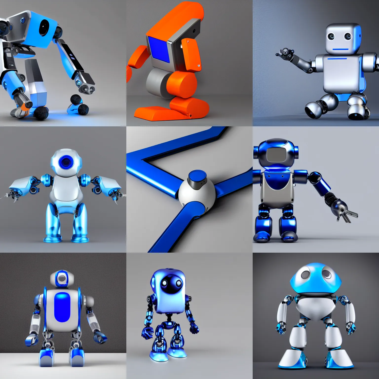 Prompt: cad render of futuristic blue and grey anodized aluminium robotic toy, parametric solid works, ( design by apple ), studio photo, white and grey, orange details, octane render, macro shot!!