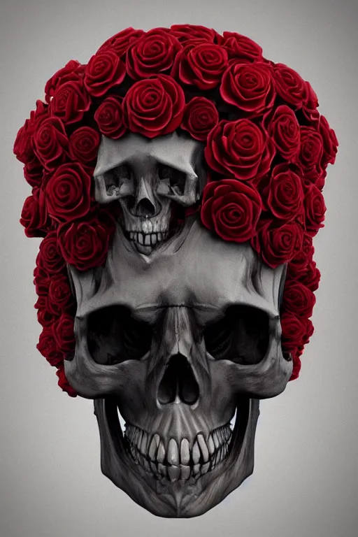 Image similar to skull made of red roses, organic horror, devil, death, giger, epic, baroque, art nouveau, james jean, photorealistic render, 3 ds max + v - ray, extremely detailed and intricate, center composition, elegant, vfx, unreal engine 5, octane render, extremely contrast, extremely sharp lines