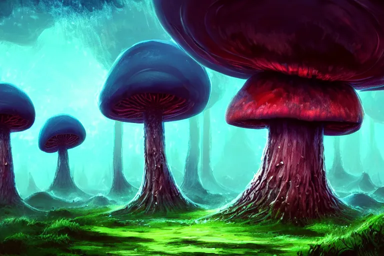 Image similar to a giant mushroom forest in the style of Anato Finnstark concept art, 4K, UHD, High quality, Trending on Artstation HQ