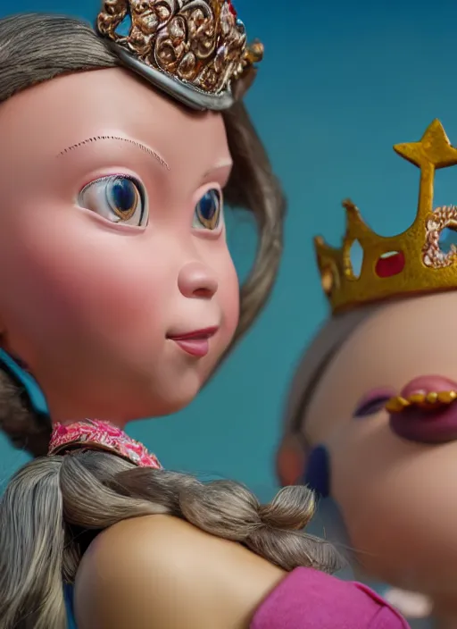 Image similar to closeup face profile portrait of tin toy greta thunberg as a fairytale princess wearing a crown eating cakes, bikini, depth of field, zeiss lens, detailed, symmetrical, centered, fashion photoshoot, by nicoletta ceccoli, mark ryden, lostfish, breathtaking, 8 k resolution, extremely detailed, beautiful, establishing shot, artistic, hyperrealistic, octane render