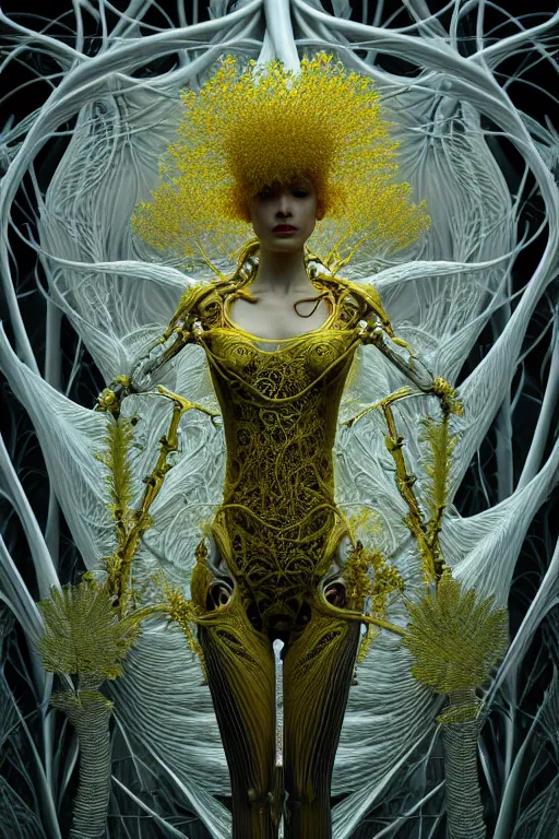 Image similar to intricate hyper detailed ultra sharp 3 d render, unity of mood, biomechanical cyborg ladies dancing, atmospheric, foliage, fractal, flowing, white large pore fungi, cyberpunk art nouveau, haute couture alexander mcqueen leaves stems dahlia blooming transparent fractal filigree roots, intricate details, octane render, volumetric cinematic lighting, natural beautiful light, yellow infrared, lumiol, 8 k,