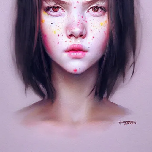 Prompt: Facial portrait of a pretty young cute girl, looking at the camera, slight awkward smile, lips slightly parted, no hands visible, extremely detailed painting by Greg Rutkowski and by Steve Henderson and by Harumi Hironaka