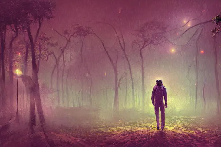 Image similar to digital art of a surreal dark jungle, astronaut walking, mysterious crazy world, talking creatures, raining, night, fireflies