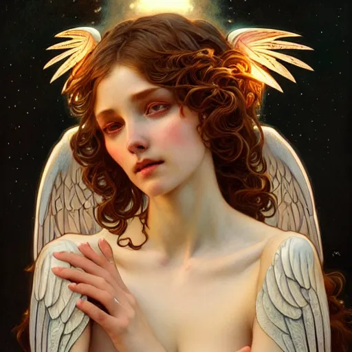 Prompt: Portrait of an angel girl with glowing halo and highly detailed intricate wings, art nouveau, fantasy, intricate, elegant, highly detailed, digital painting, artstation, concept art, smooth, sharp focus, illustration, art by Krenz Cushart and Artem Demura and alphonse mucha