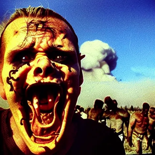 Prompt: selfie of a ukrainian screaming in pain and terrible injuries from a nuclear explosion, everything is on fire and radiation, in the background there are a lot of people like zombies, corpses and skeletons, a large nuclear explosion in the background, people are painted in yellow - blue cheers, all dirty with severed limbs, bad day