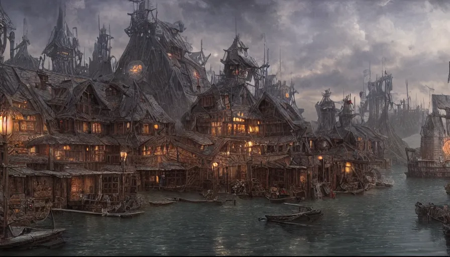 Image similar to establishing shot of laketown, ray traced lighting by gerald brom and greg rutkowski